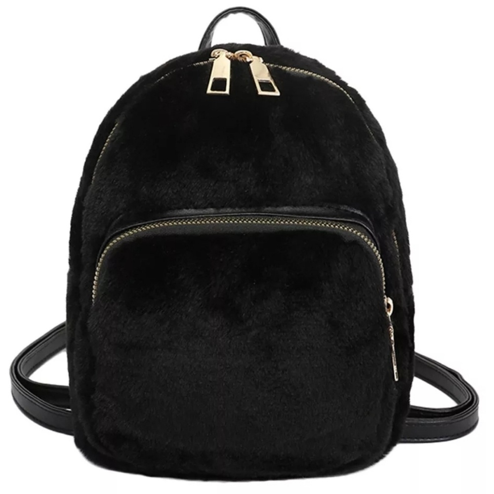 💜Cute Women Girl Plush Backpack Black Solid Color